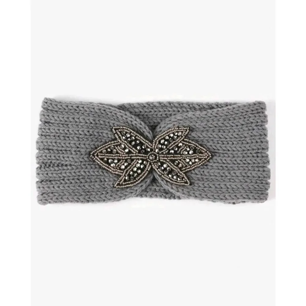 Ladies Grey Floral Headband - Ladies Gray Winter Flower Ear Warmer
